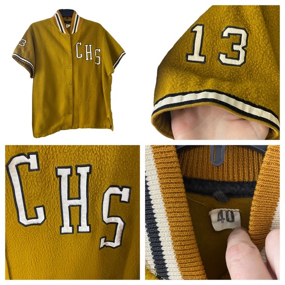 1960s Gold High School Button Up Jersey Shirt Jacket CHS / Men’s S/M - Picture 3 of 5